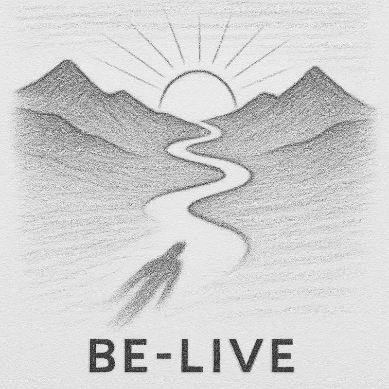 Be-Live — a lone figure on a winding path leading toward a rising sun between mountain peaks. The journey begins here.